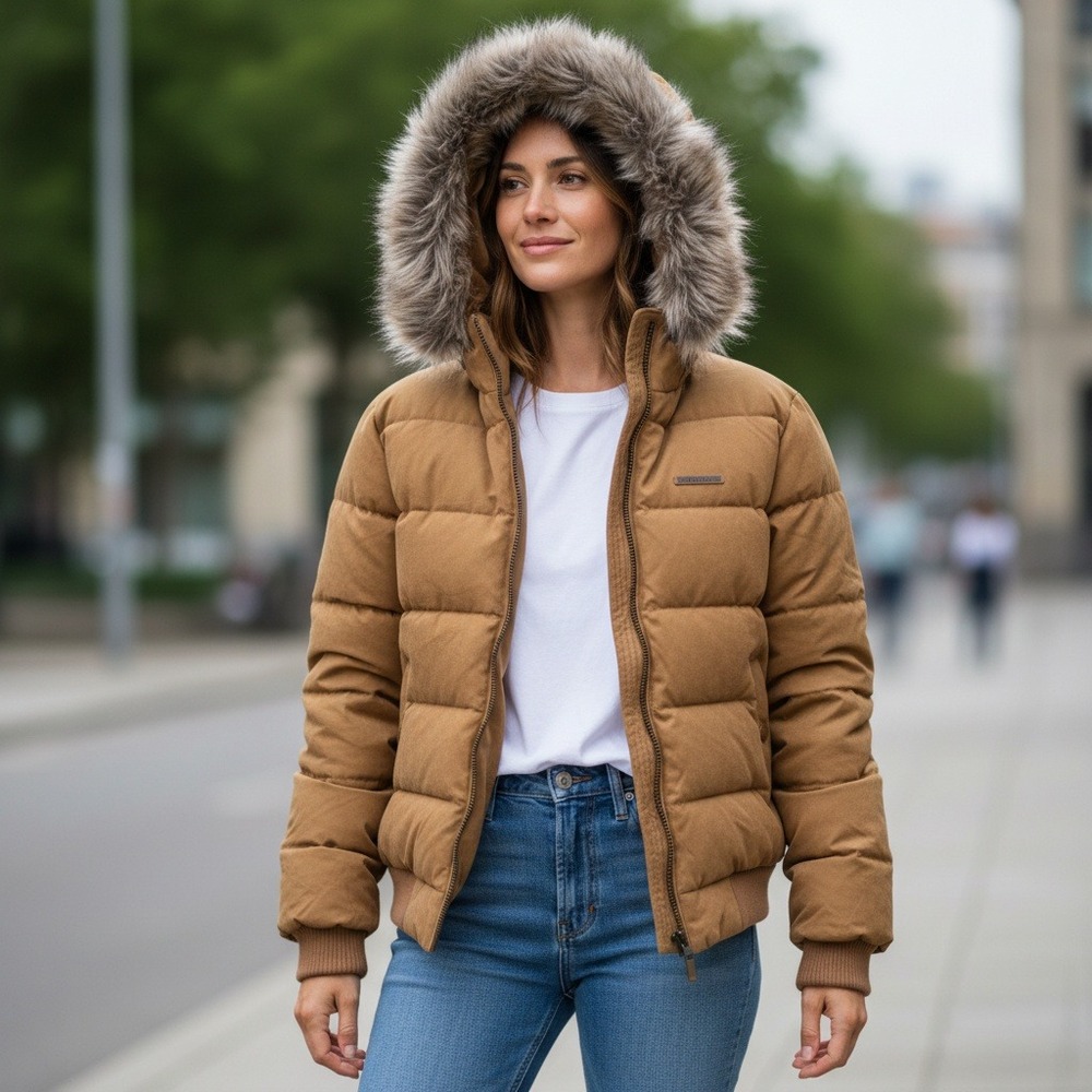 Vintage Azzure Reversible Puffer‎ Jacket Hooded Fur Almond Size Small New